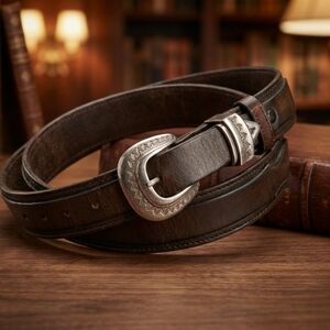 Mens Brown Leather Belt with Silver Buckle Made By Chacon Size 36 1993